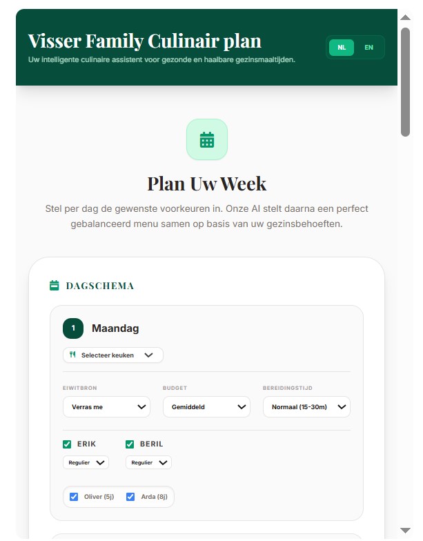 Weekplanner homescreen: dagschema met keuken, budget, bereidingstijd en gezinsleden