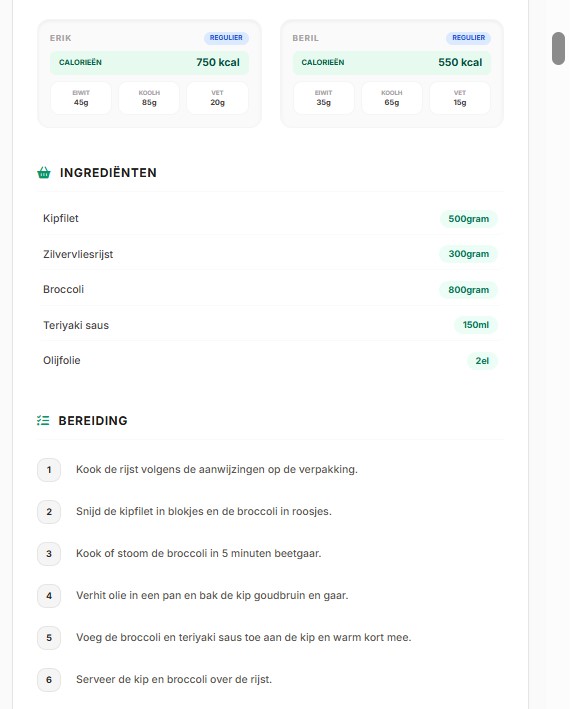 Recept detail: voedingswaarden per persoon, ingrediënten en bereidingsstappen