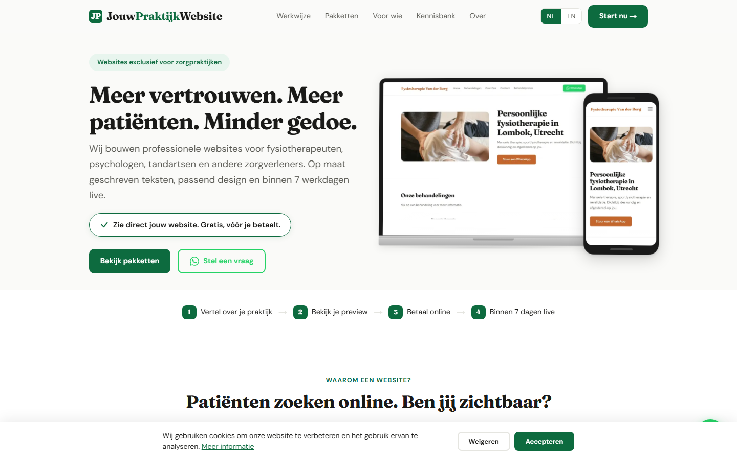 JouwPraktijkWebsite.nl homepage: hero sectie met pakketten en voorbeeld websites