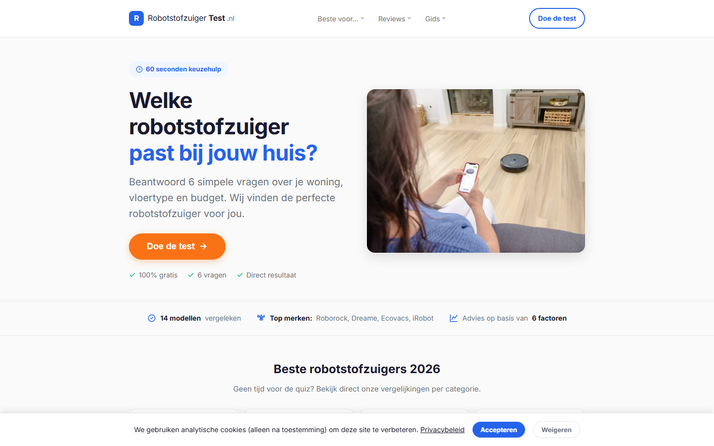 Robotstofzuiger-Test.nl homepage: keuzehulp met quiz en robotstofzuiger aanbevelingen