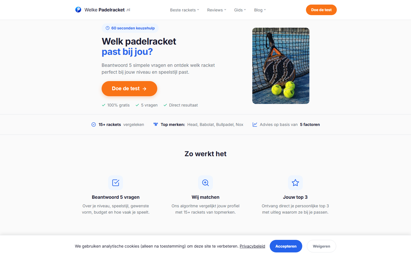 Welke-Padelracket.nl homepage: interactieve keuzehulp met quiz en racket aanbevelingen
